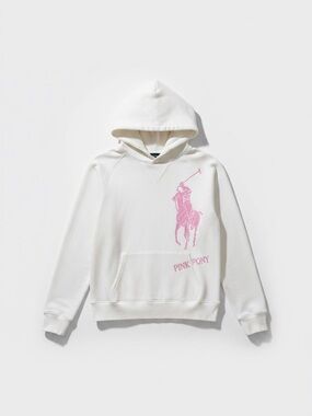 Polo Ralph Lauren Pink Pony Hoodie M White Fleece Big Pony Logo Y2K Sweatshirt